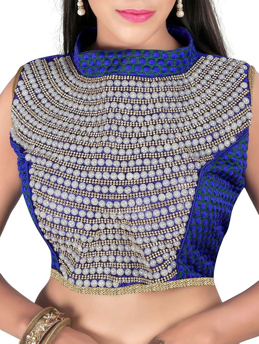 blue silk embroidered blouse