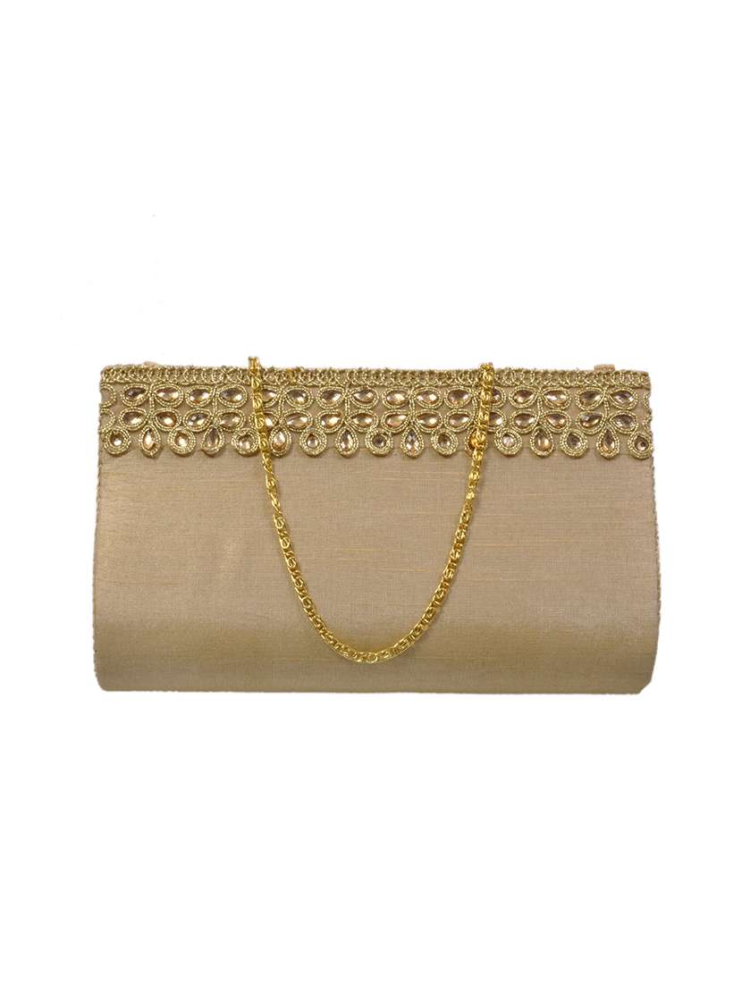 beige cotton embroidered clutch
