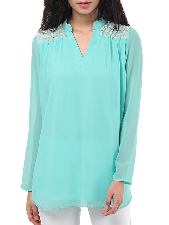 sky blue embellished georgette top