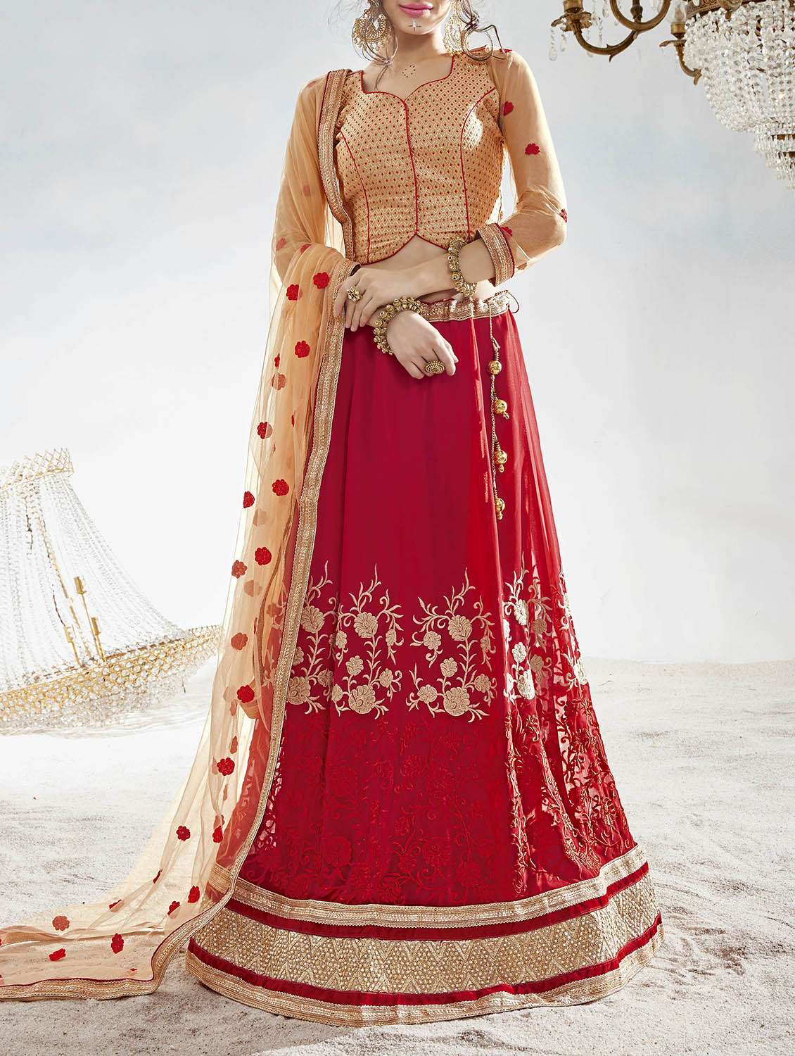 red georgette flared unstitched lehenga