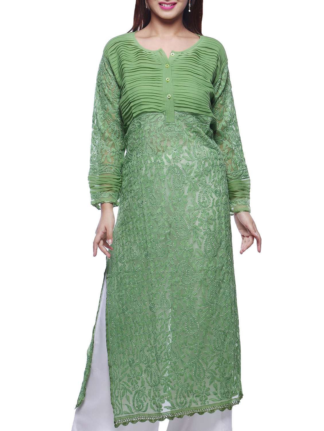 Sage Green Chikankari Embroidered Georgette Kurta
