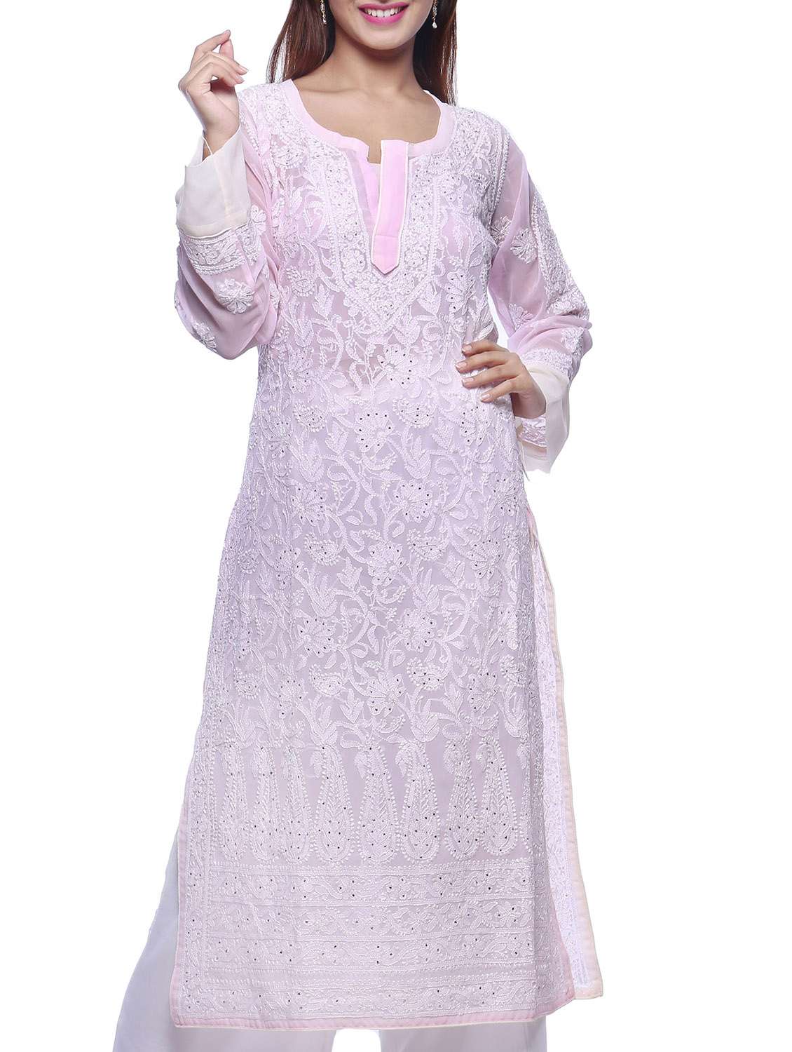 Baby Pink Chikankari Embroidered Georgette Kurta