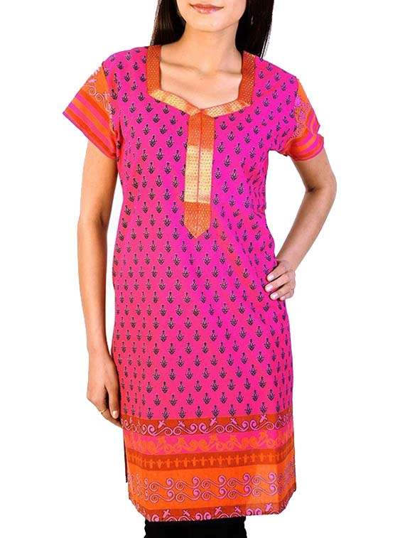 pink cotton block printed straight kurta