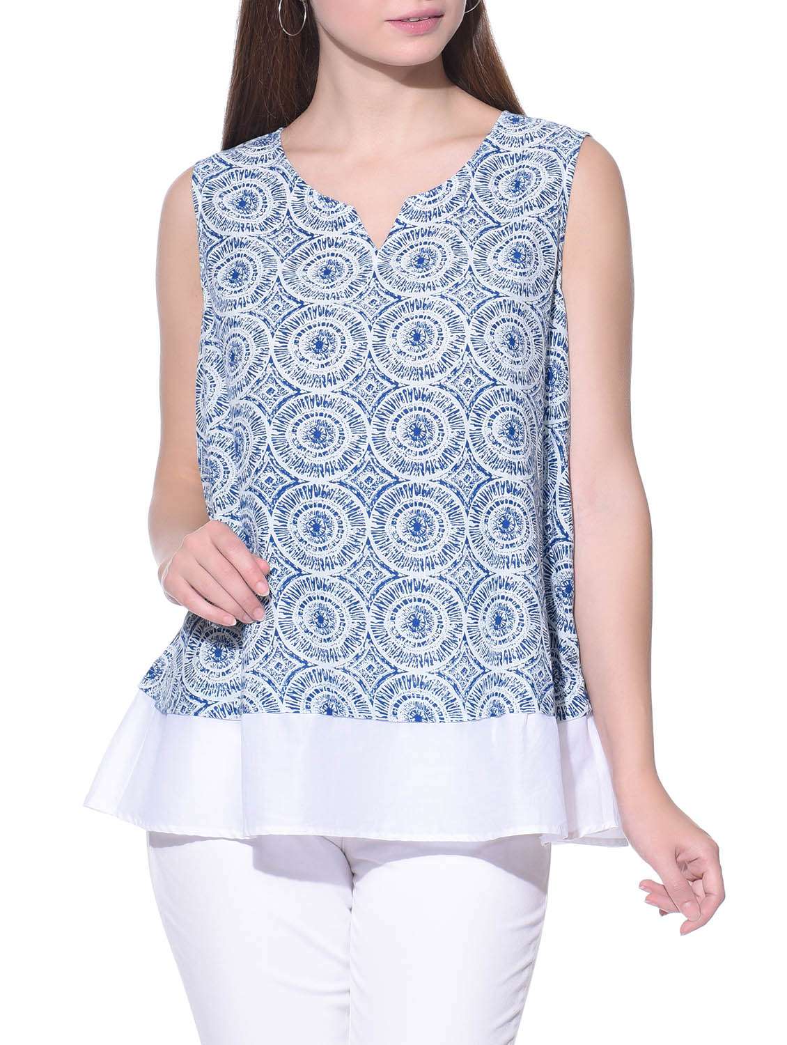 blue and white sleeveless chanderi silk layered top