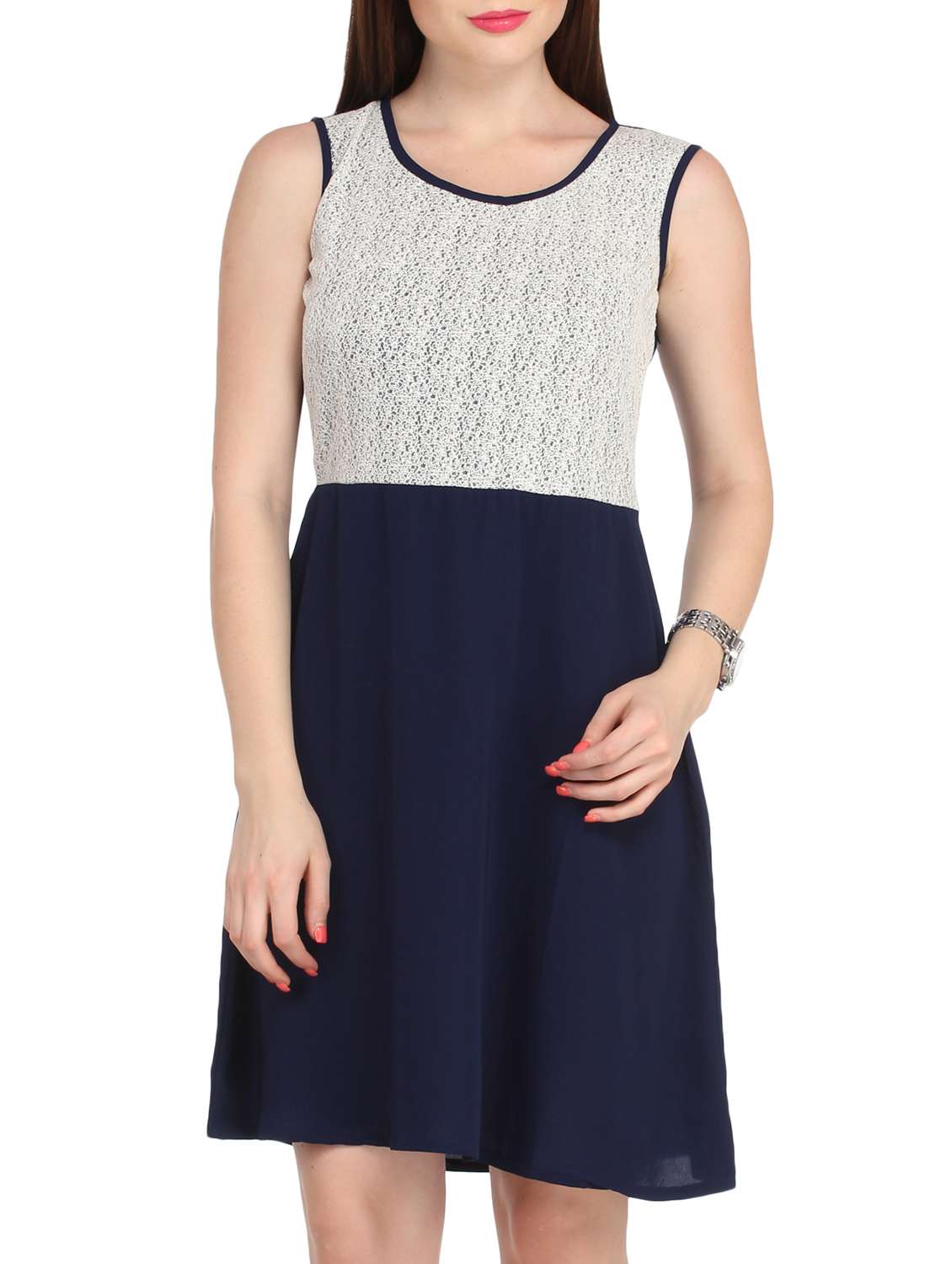 navy blue crepe a-line dress