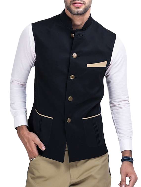 black cotton nehru jacket - 12086093 - Zoom Image - 0