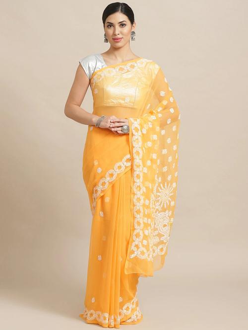 yellow faux georgette chikankari saree with blouse - 12089430 -  Standard Image - 0