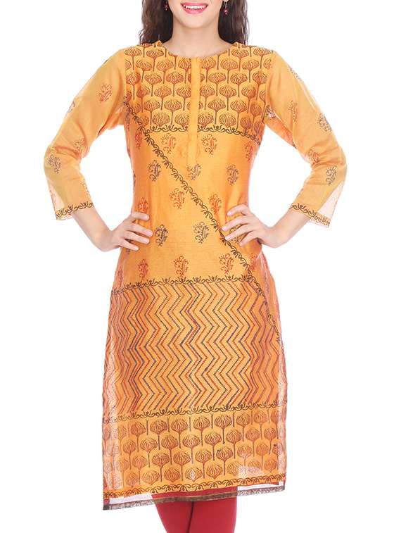 Orangish yellow printed chanderi kurta