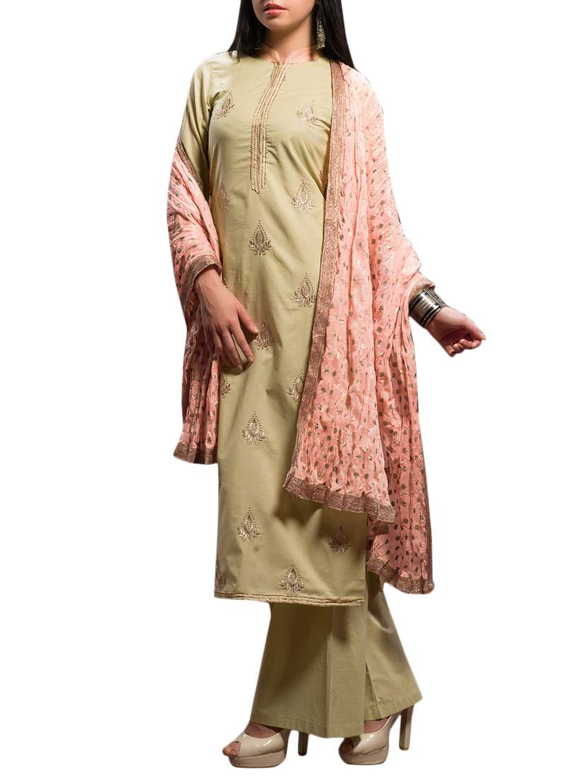 Beige embroidered stitched palazzo suit