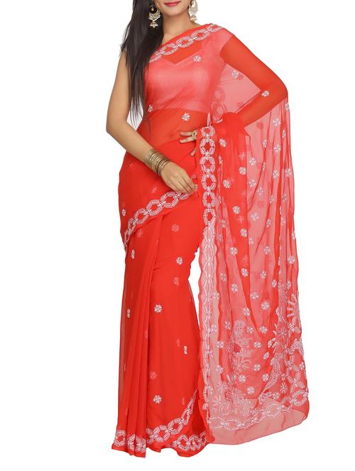 hand thread work chikankari georgette red saree with blouse - 12101687 - Standard Image - 0