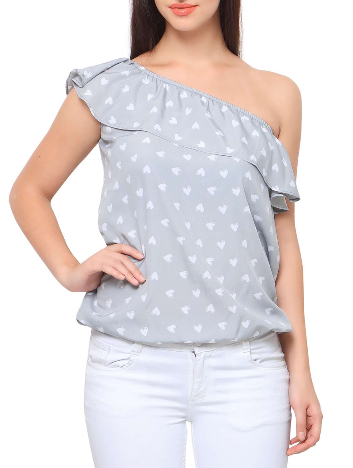 grey printed crepe ruffle top