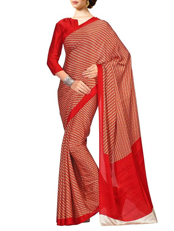 red poly crepe printed saree with blouse
