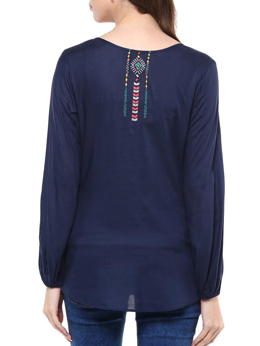 navy blue embroidered rayon top - 12124177 - Standard Image - 2