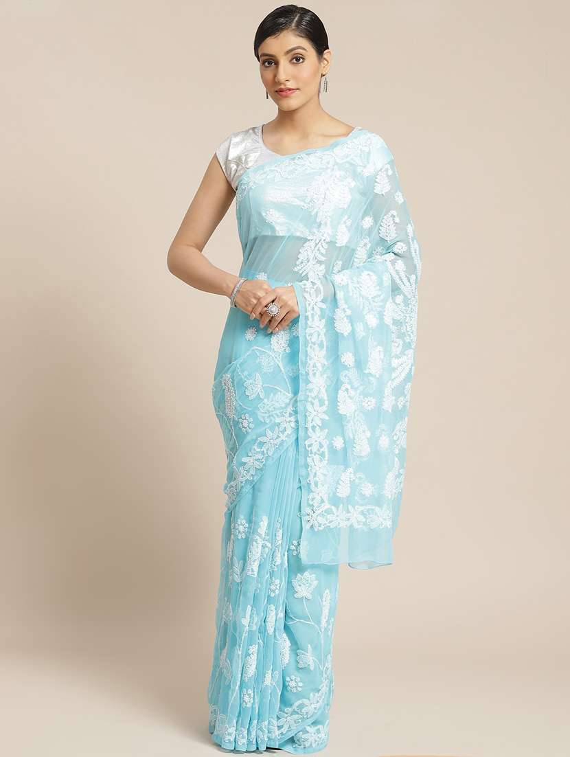 blue georgette hand embroidered chikankari saree with blouse