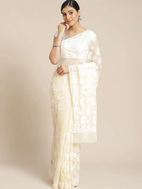beige faux georgette chikankari saree with blouse - 12128310 -  Standard Image - 0