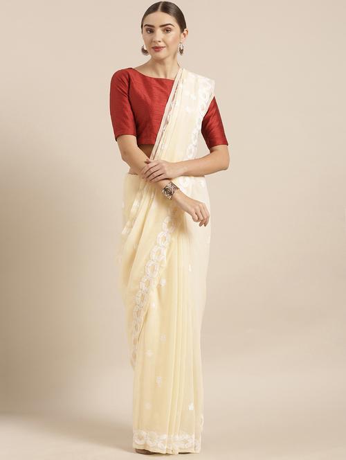 beige color georgette chikankari saree with blouse - 12128318 -  Standard Image - 0