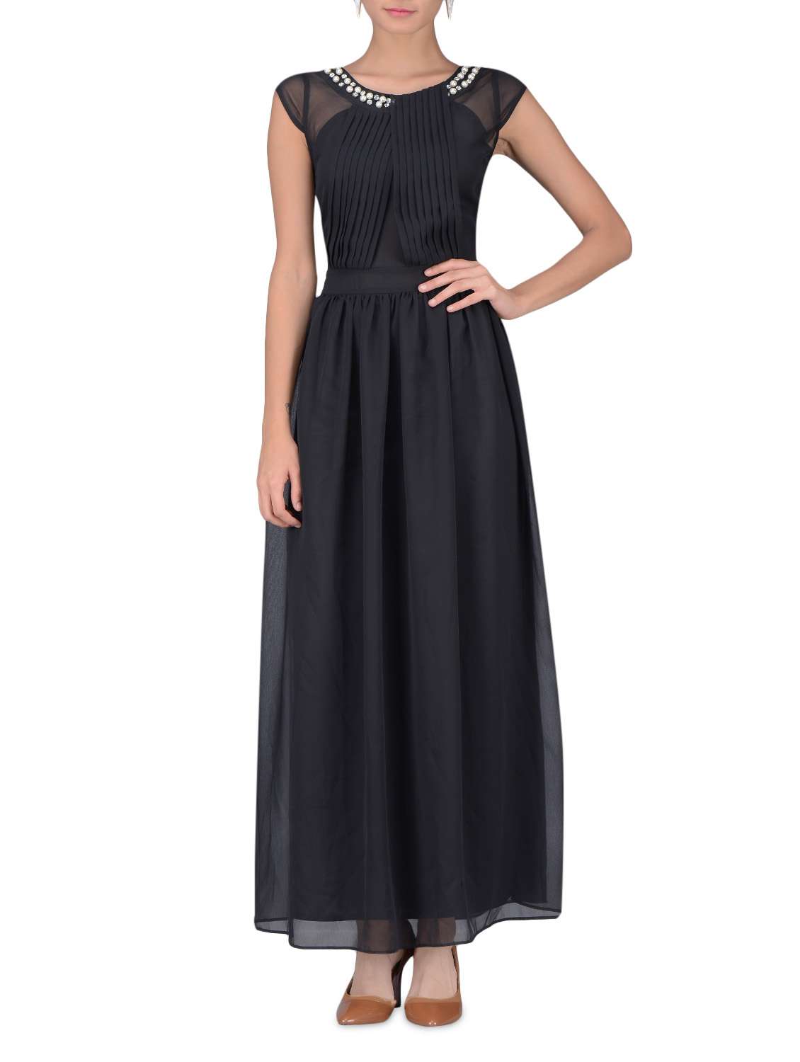 pleat detail embellished maxi dress