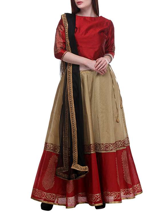 beige hand block printed lehenga set
