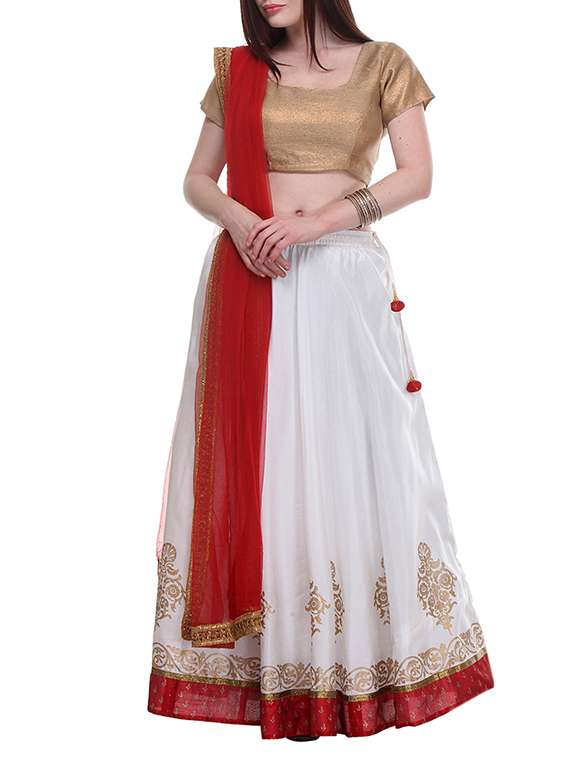 white hand block printed unstitched lehenga