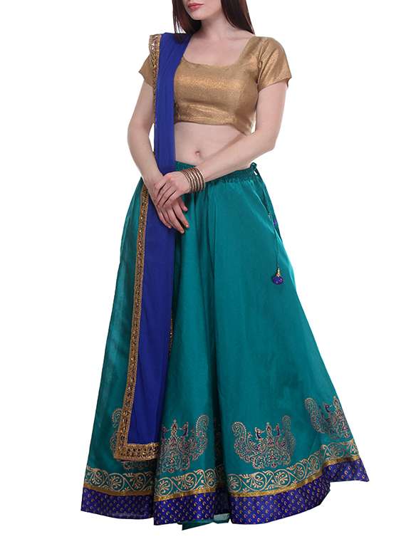 Teal Hand Block Printed Lehenga Set