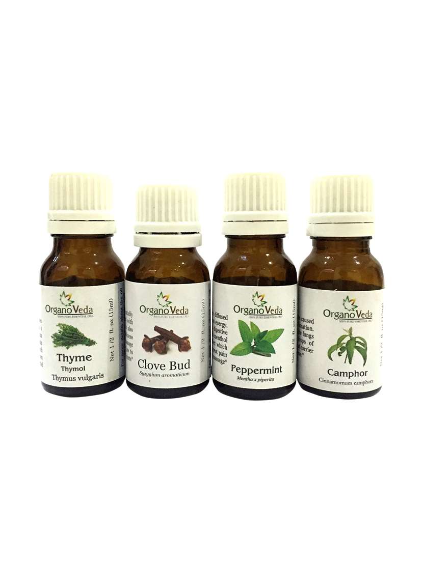 organoveda mouth freshner combo: thyme + cluve bud + peppermint + camphor essential oils (15ml each)