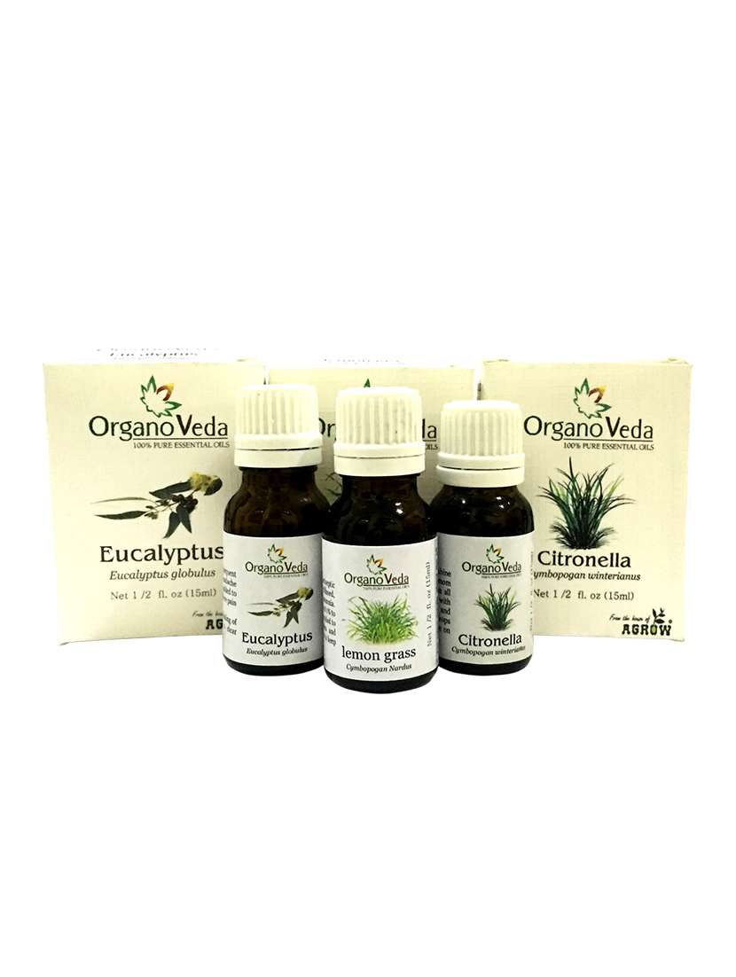 organoveda eucalyptus+ lemongrass+ citronella essential oils, effective mosquito repellent (15 ml each)