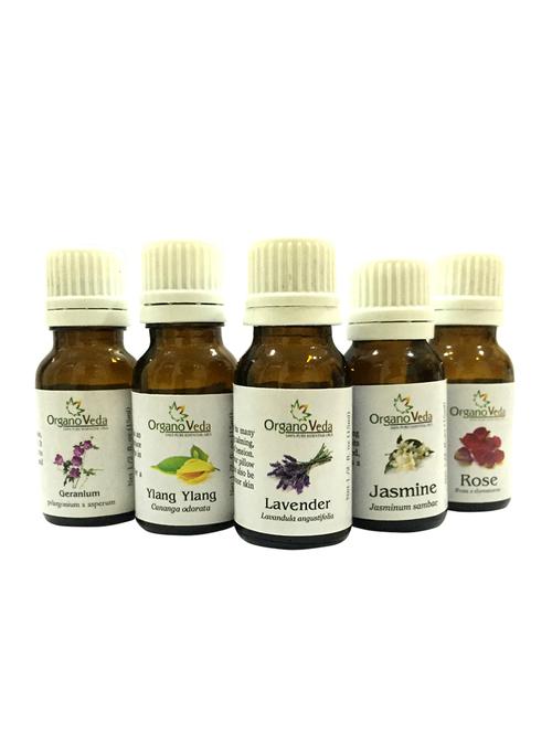 organoveda flower combo: geranium + lavender + ylang ylang + jasmine + rose essential oils (15 ml each) - 12132793 - Standard Image - 0