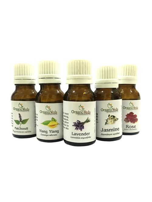 organoveda flower combo: patchouli + lavender + ylang ylang + jasmine + rose essential oils (15 ml each) - 12132800 - Standard Image - 0