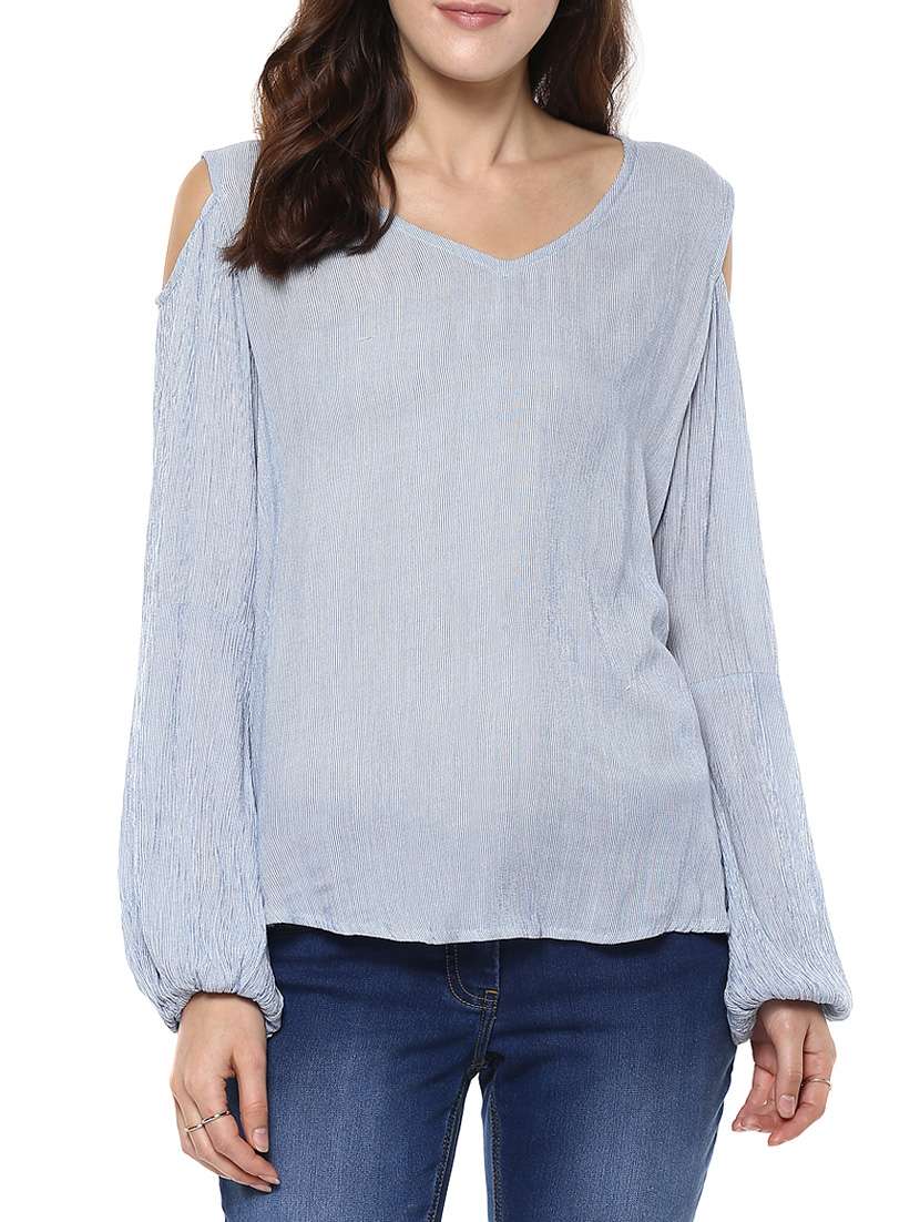 blue rayon cold shoulder top