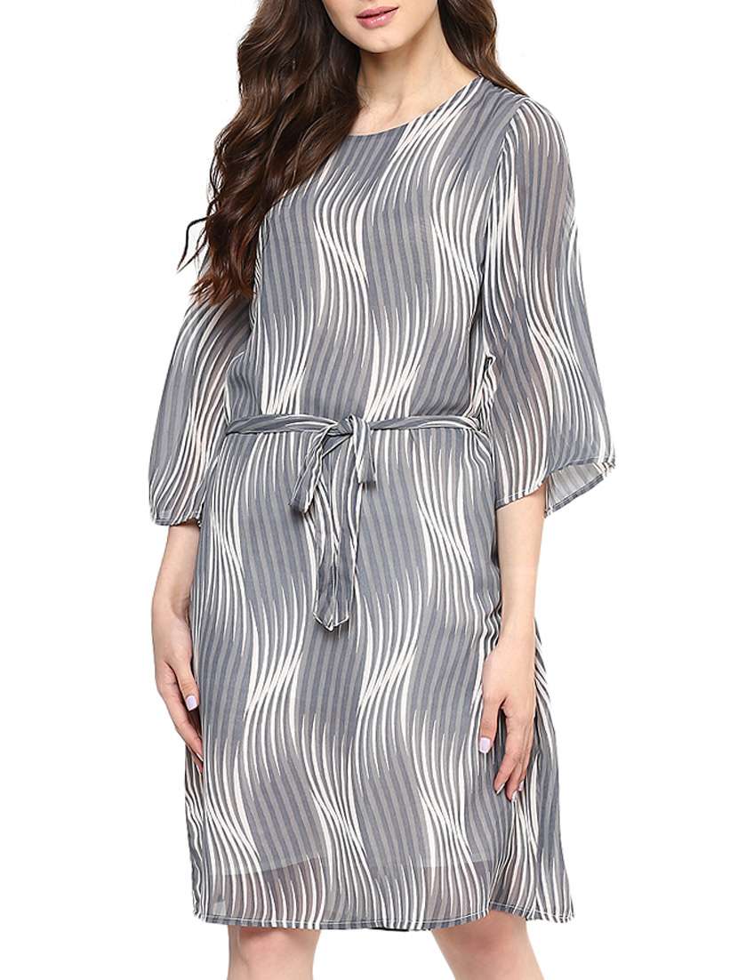 printed belted bell sleeved dress