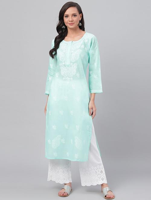 turquoise long cotton chikankari kurta - 12152633 -  Standard Image - 0