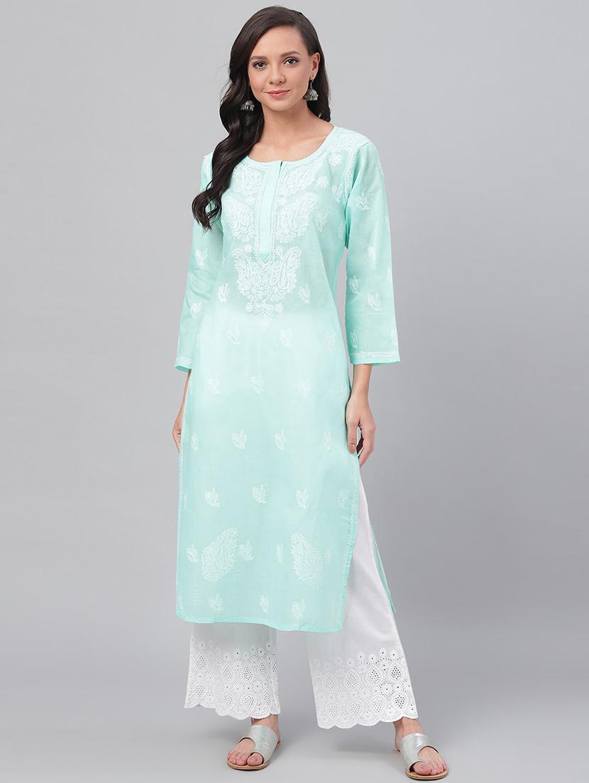 turquoise long cotton chikankari kurta - 12152633 -  Zoom Image - 0