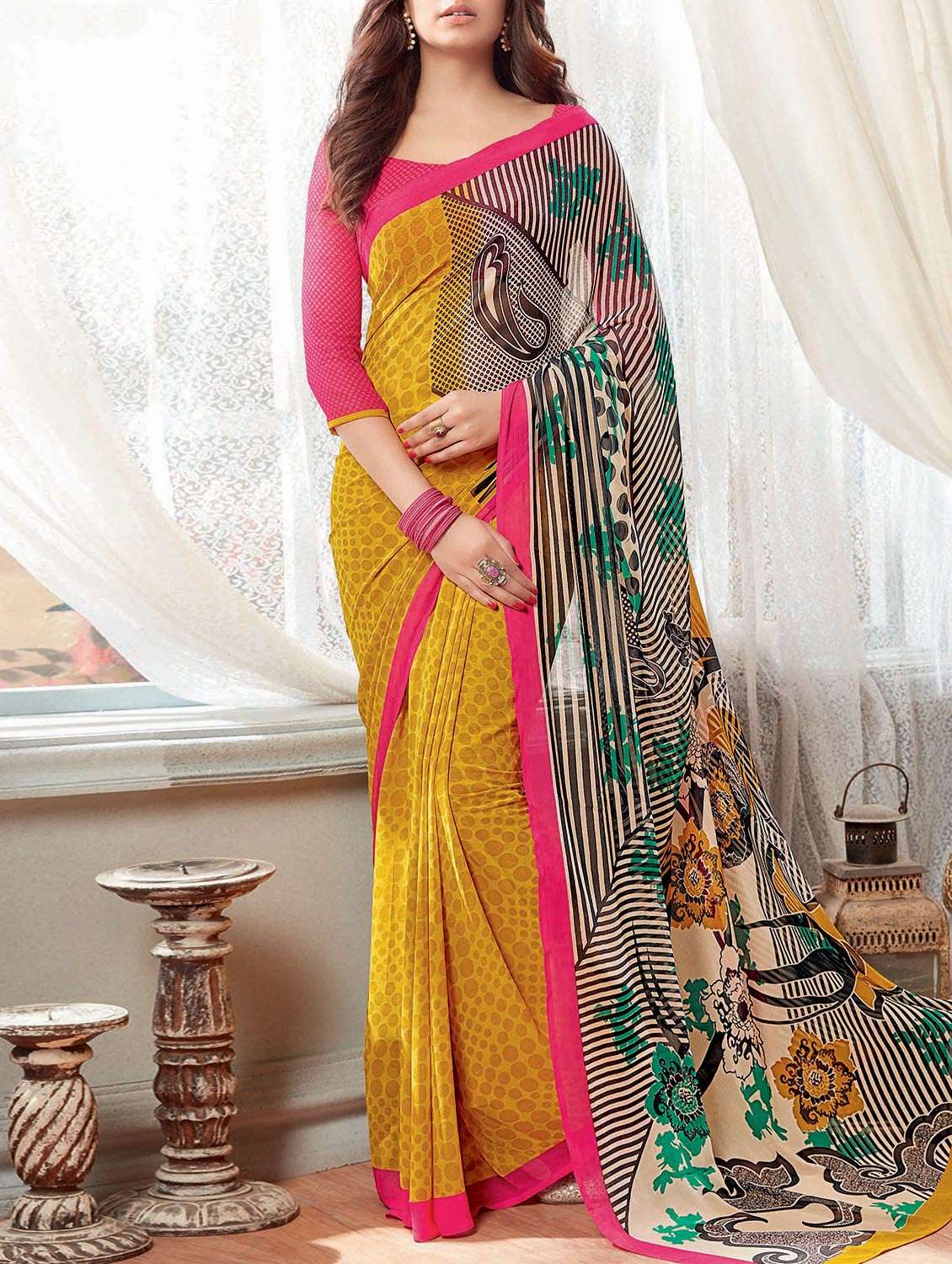 yellow chiffon saree with blouse