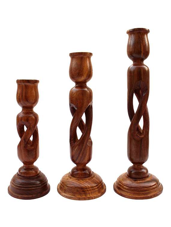 desi karigar wooden candle stand set of 3
