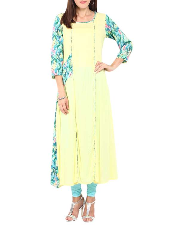 yellow rayon floral printed long kurta