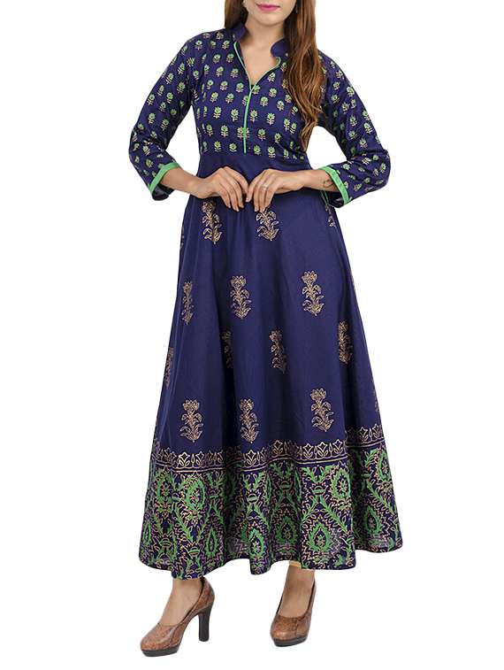 blue cotton printed flared kurta