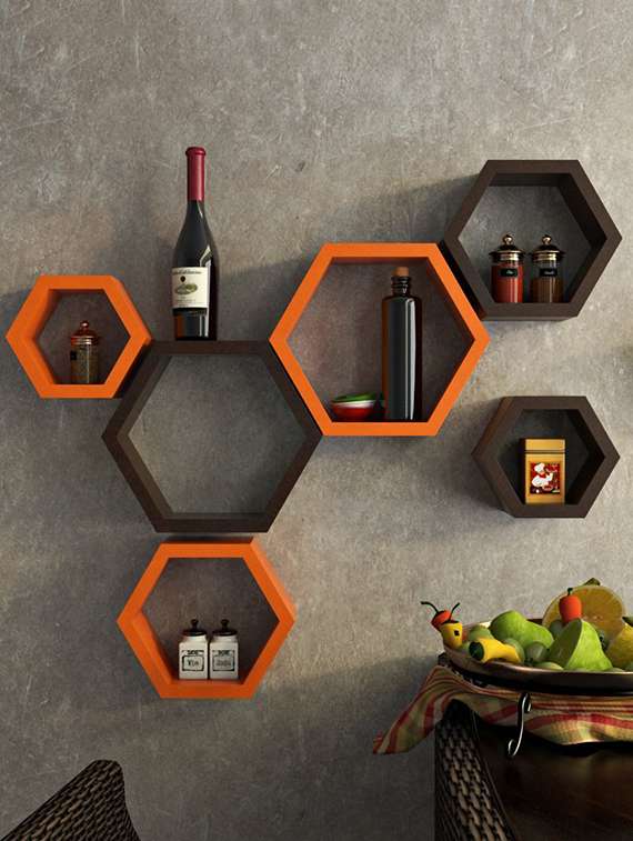  hexagon shape set of 6 wall shelves