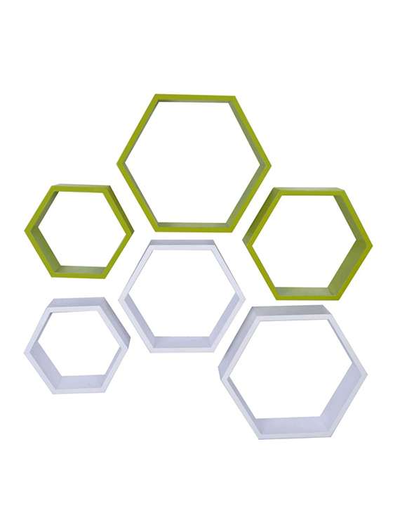 desi karigar wall mount shelves hexagon shape set of 6 wall shelves - white & green
