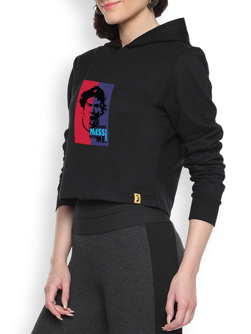 black womens printed crop hoodie
