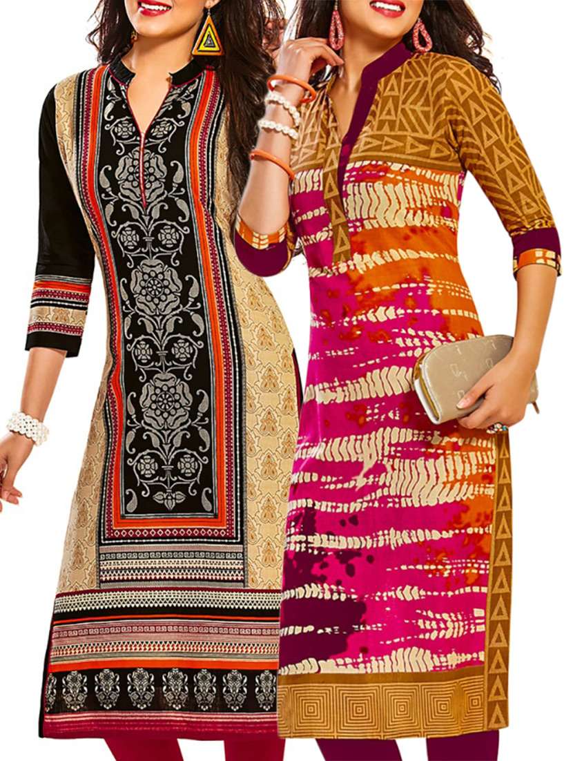 multicolored cotton printed unstitched kurtas(set of 2)