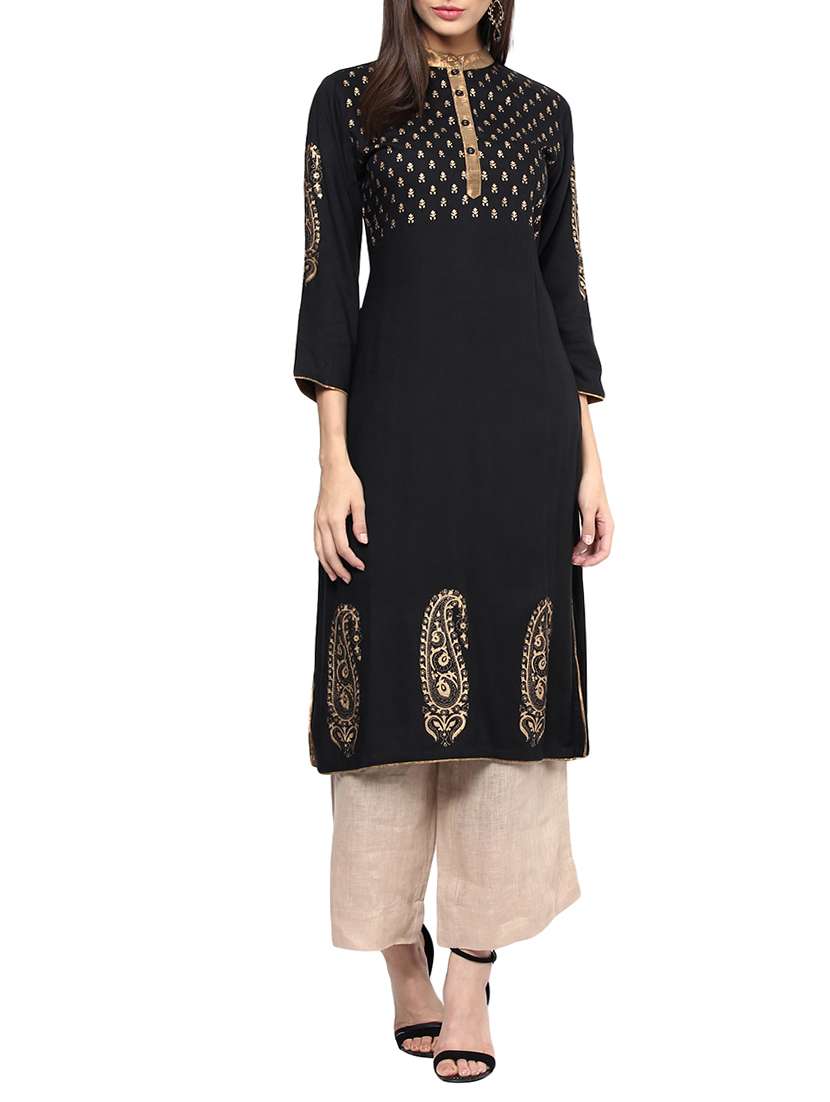 black cotton block printed straight kurta