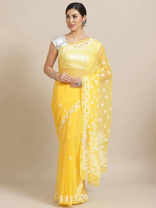 women's solid with work yellow colored saree with blouse - 12221576 - Standard Image - 0