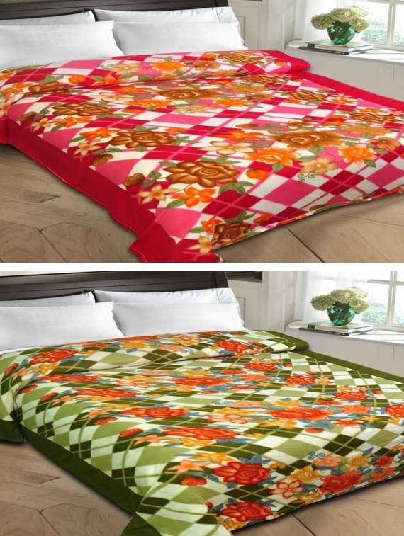 set of 2 floral print double bed fleece blankets