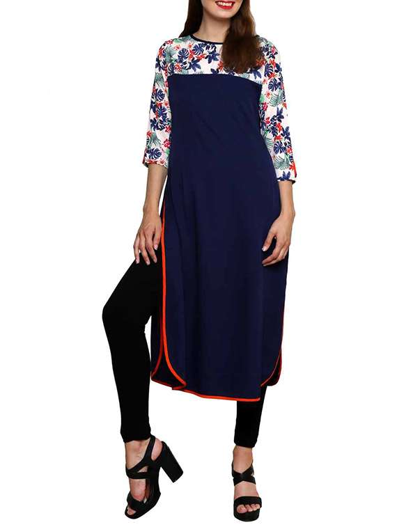 blue poly crepe straight plain  kurta