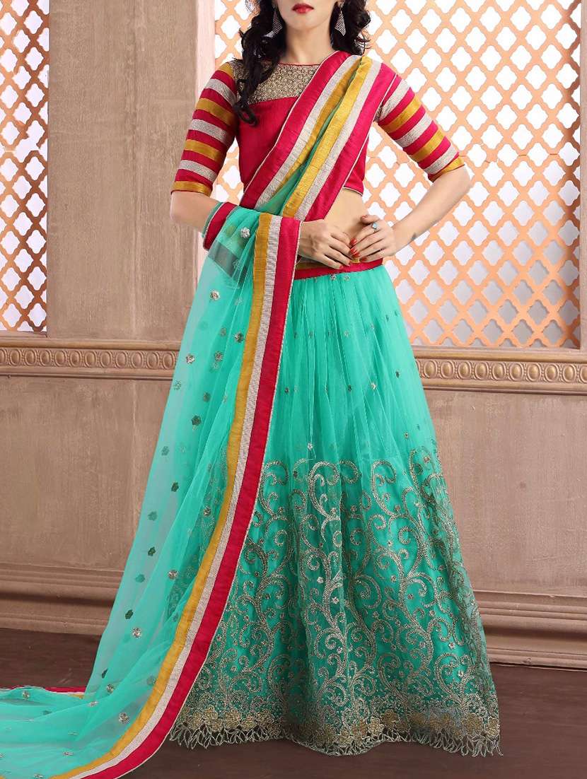 green poly silk aline lehenga