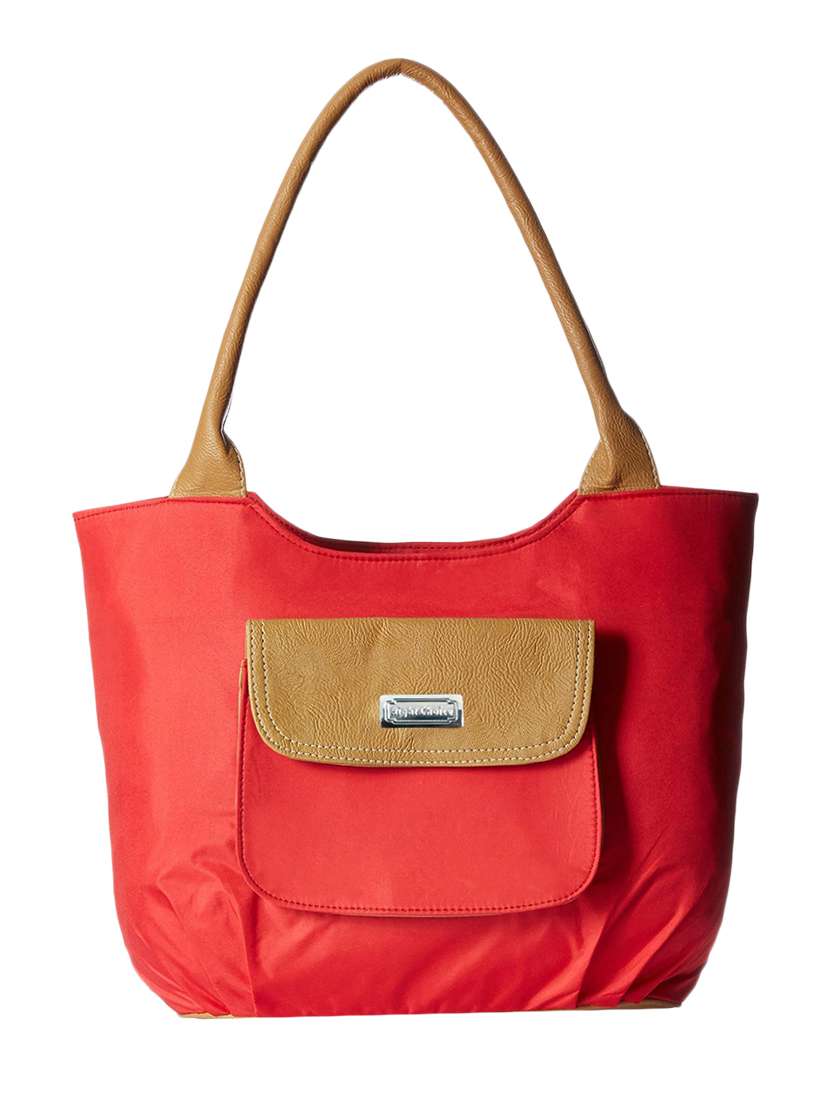 red synthetic leather handbag