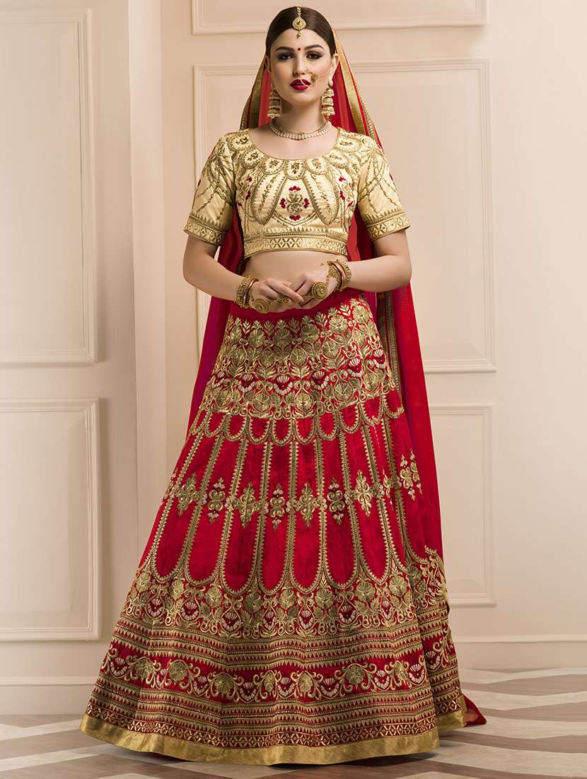 red silk flared lehenga