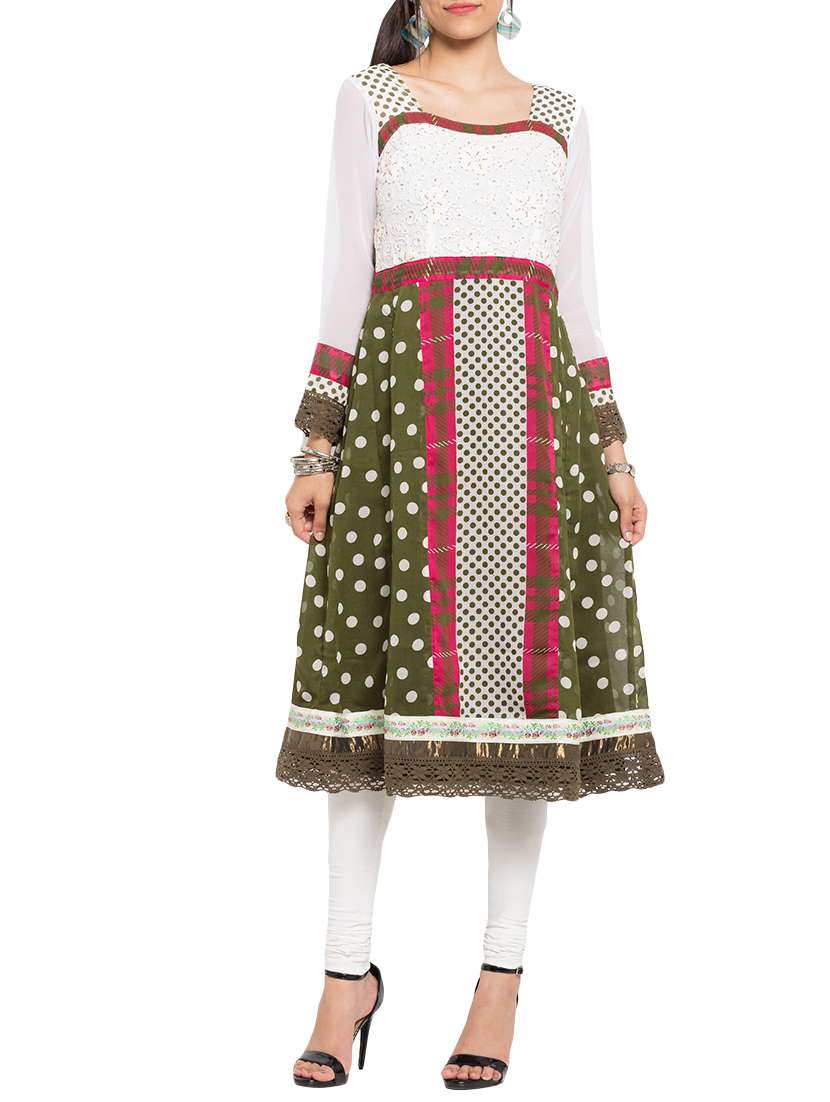 white & green georgette straight kurta