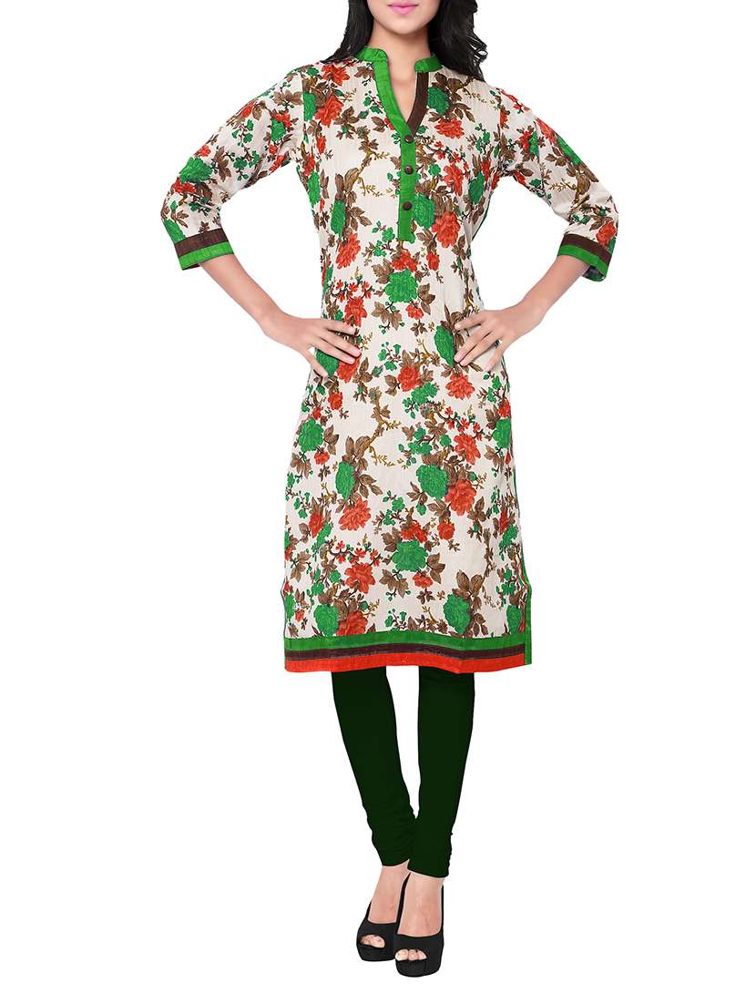 cream & green art silk regular kurta