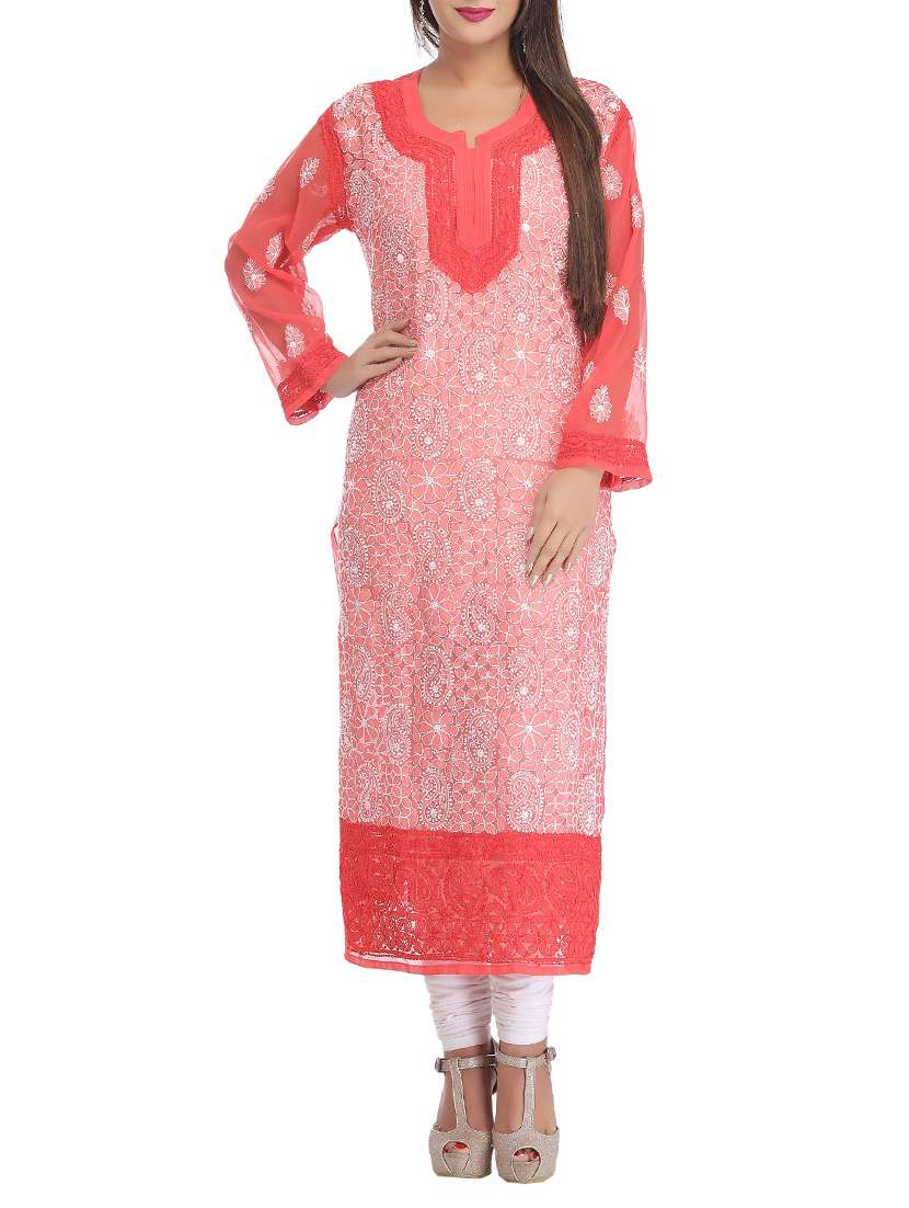 pink georgette chikankari straight kurta